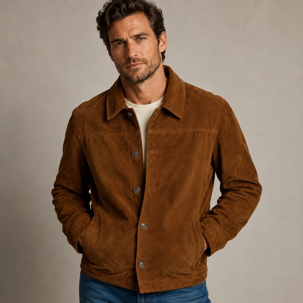Torras Serra Mens Brown Sheepskin Suede Leather Button Front Jacket EU 50 US M/L